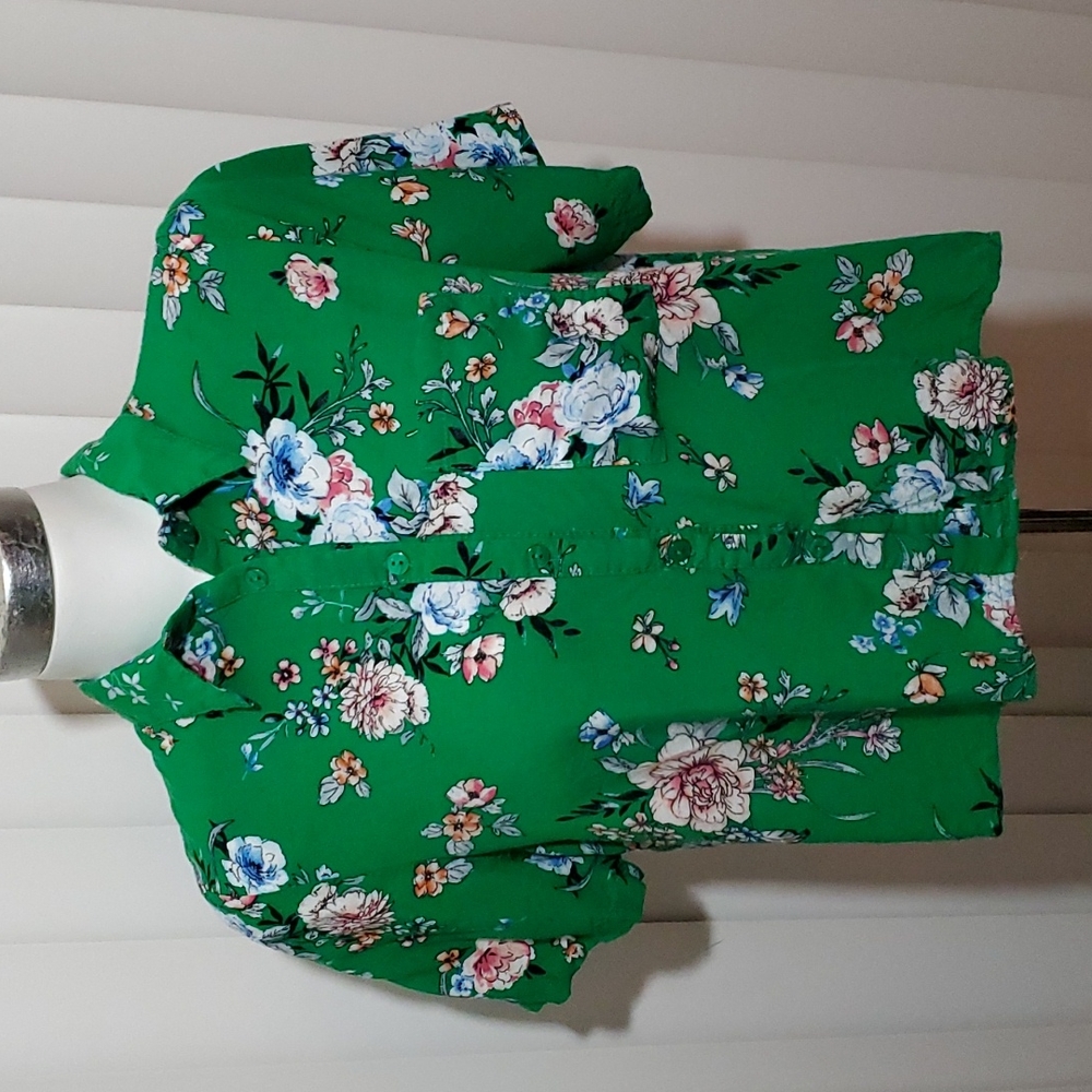 PASSPORT Jrs Retro Green Button-down Collared Floral Crop Top Blouse - Sz Large
